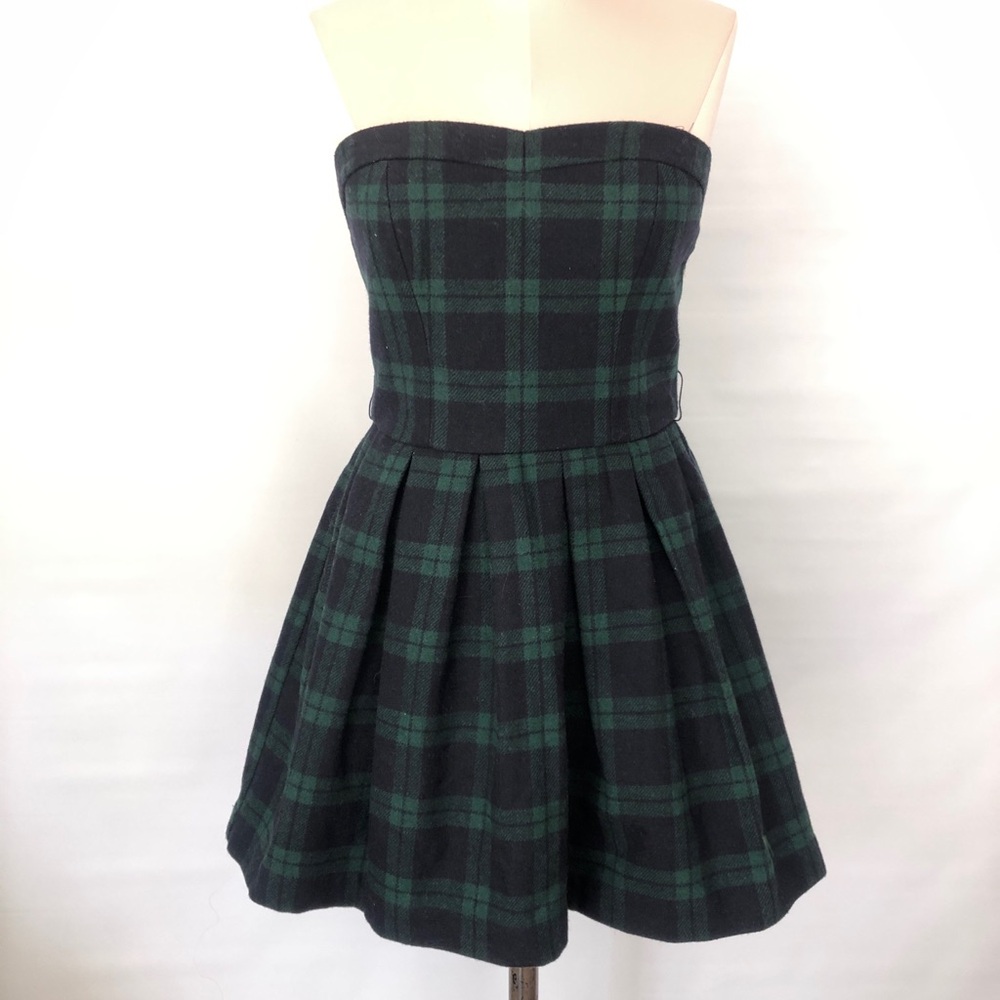 Strapless Sweetheart Green & Navy Plaid Pleated Mini Dress School Girl Skater